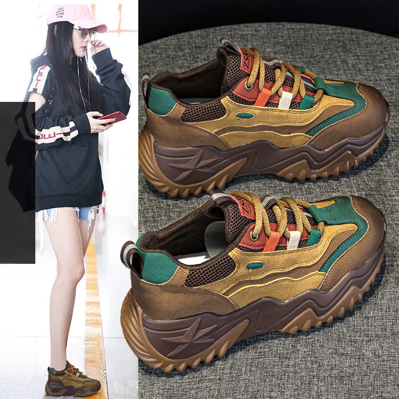 厚底老爹鞋女款2024新款秋冬季透气保暖小个子增高拼色休闲运动鞋