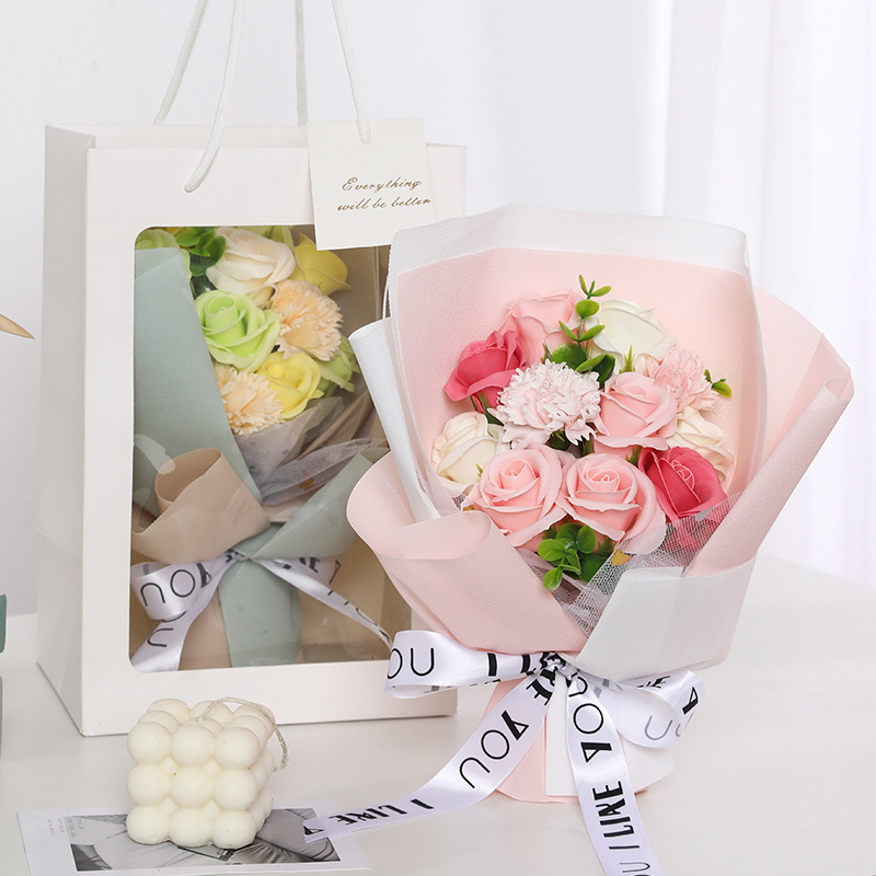 11朵香皂花玫瑰花束成品康乃馨母親節禮物批發情人節手工仿真花束