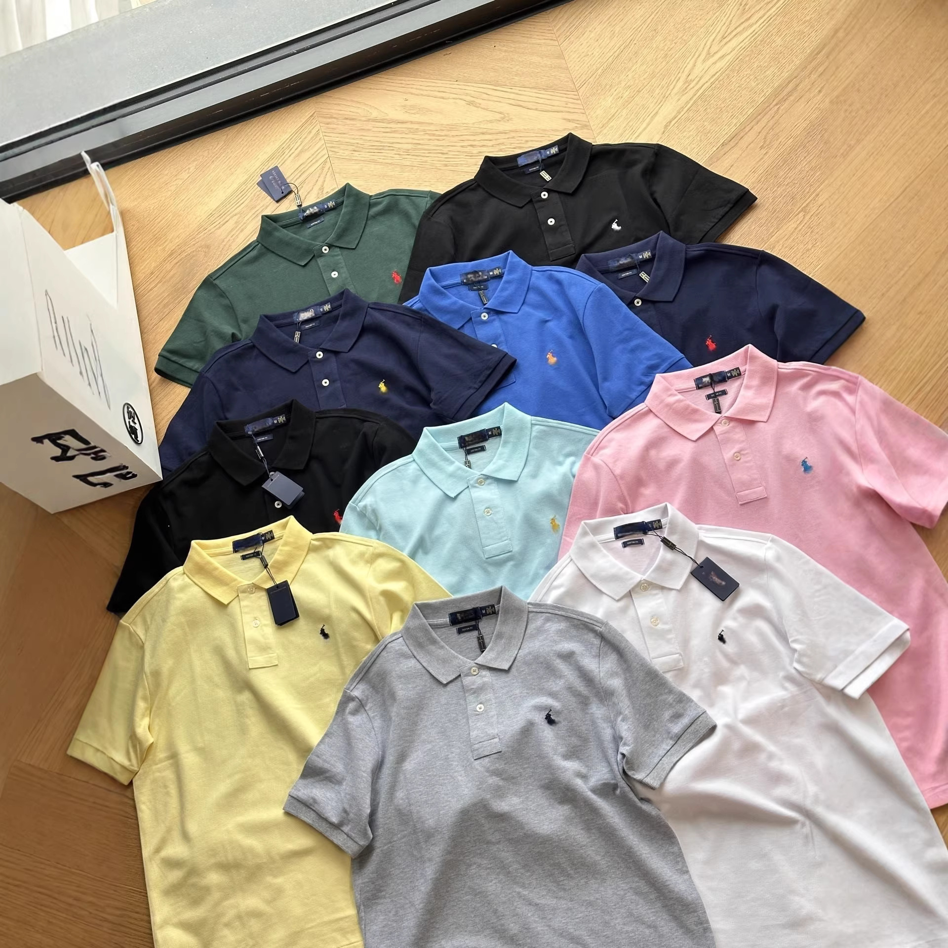 high quality RL Ralph Classic Pony Embroidered Polo Men's Solid Color Mesh Cotton Lapel Short-sleeved Women's Casual All-match Trendy