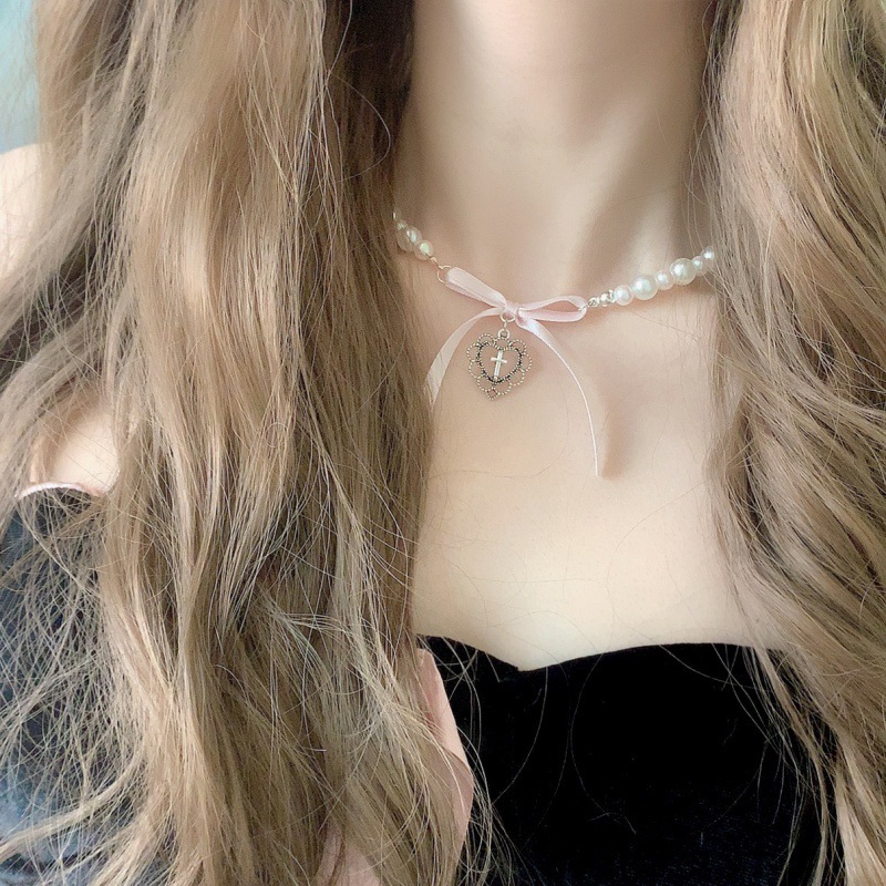 Pink Bow Heart Choker Necklace With Pearl Embellishment_voghion.com