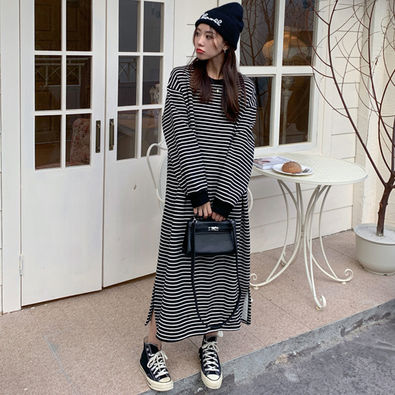 French Style Elegant Striped Hoodie Dress Women's Autumn and Winter fleece-lined Thickened Loose Long Over-the-Knee dress Coat Trendy