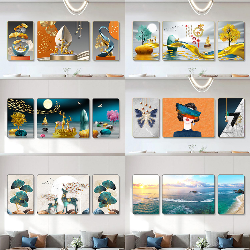 客厅装饰画现代新中式沙发背景墙三联画挂画简约大气圆角福鹿壁画