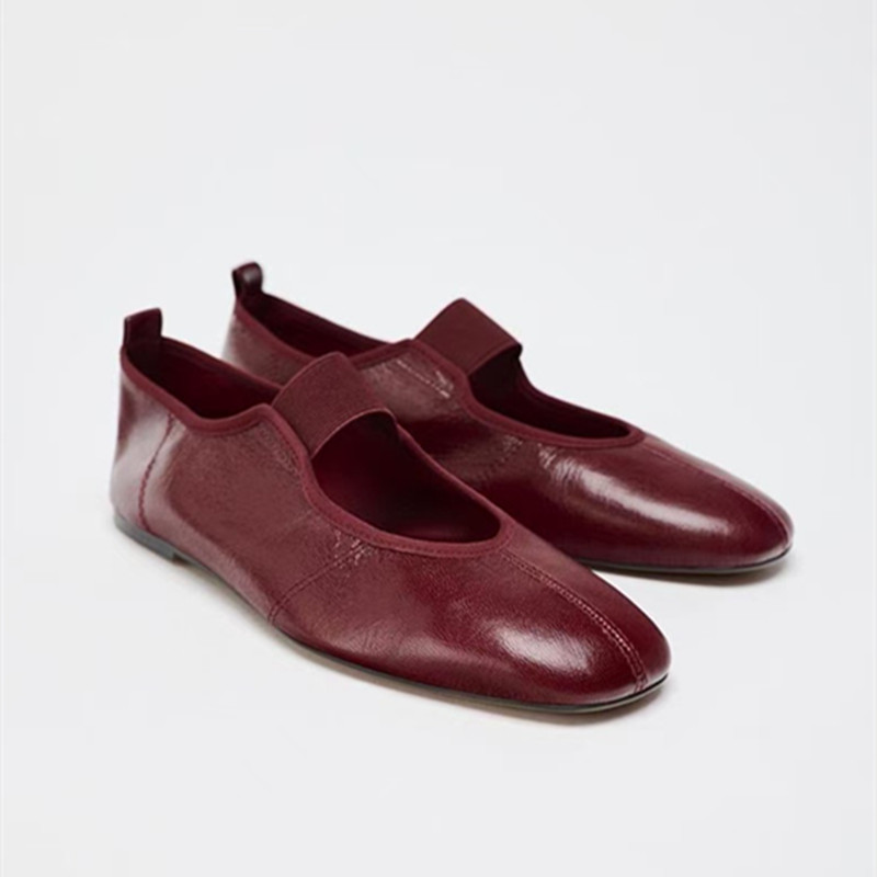 Za Spanish Wine Red Women's Shoes 2025 Autum New Comfortable and Versatile Ballet Shoes Flats Shoes Mary Jane Shoes