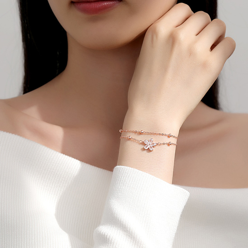 S925 joyería de plata esterlina nicho nuevo regalo exquisito para novia japonesa y coreana pulsera de flor de cerezo fresca y dulce Día de San Valentín