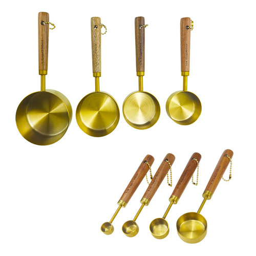 Stainless steel measuring cup and spoon set of 8, gold-plated measuring cups and spoons, passionwood handles, baking tool set