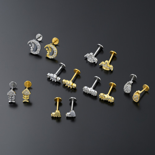 European and American cross-border e-commerce piercing jewelry, flat-bottomed lip nails, exquisite copper-plated gold-plated micro-zirconia geometric ear bone nails