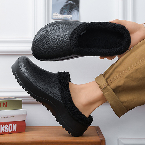 Cotton slippers, men's cashmere chef's shoes, indoor and outdoor home non-slip, waterproof, thick sole, plush warm head, large size cotton shoes