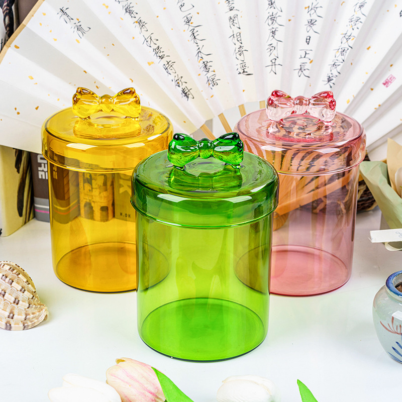 蝶結びガラス収納缶カラー透明密封缶デスクトップ防塵防湿収納缶防塵缶|undefined