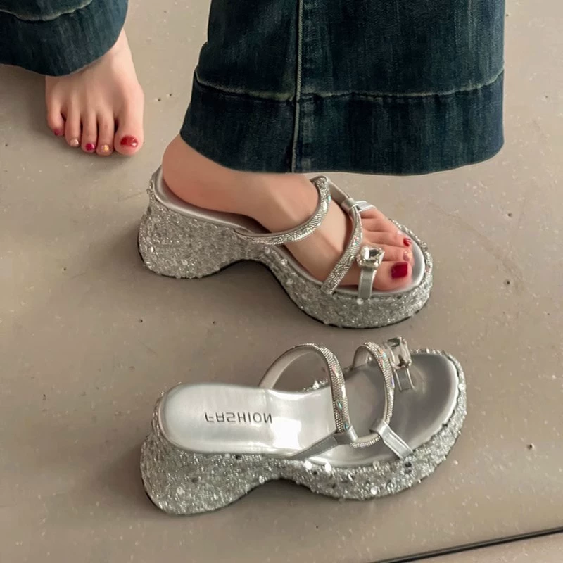 Сланцы-платформа, летняя обувь, модные прозрачные ногтевые sequins, высокий слайд