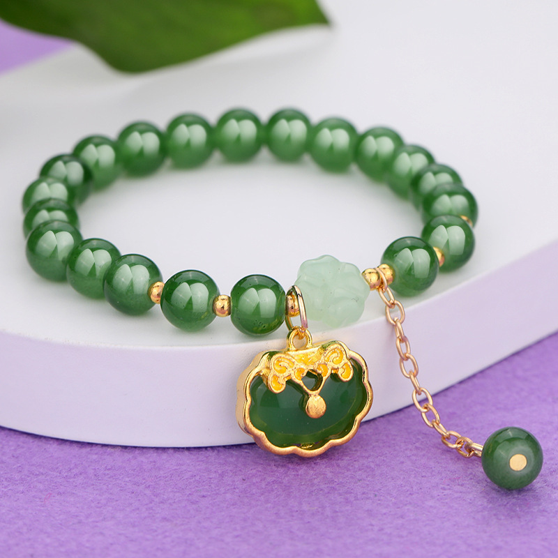 S048-Pulsera de cuentas de jade Donglin con candado Ping An verde#tamaño 352