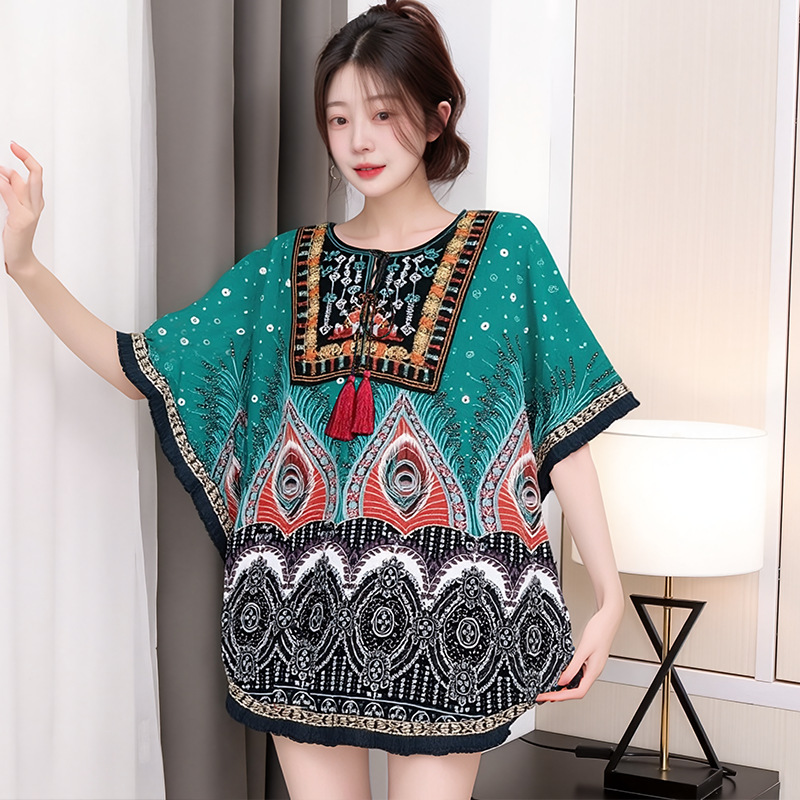 Thai Ethnic Style Top Embroidered Collar Artistic Retro Short-Sleeved Blouse Cotton Silk Yunnan Vacation Travel Sunscreen Shirt