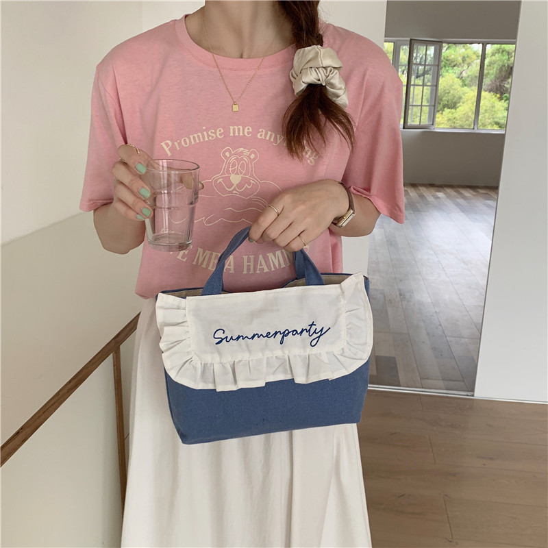 1441 Japanese and Korean chic Sweet ruffled bento Bag, Fresh embroidered hand-held small cloth bag, girl student bag wholesale undefined