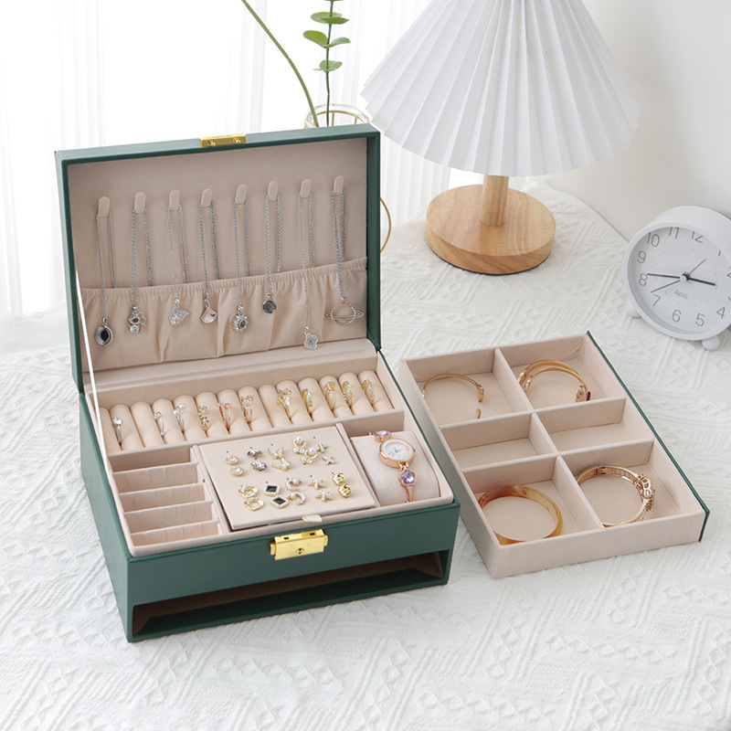 Caja de joyería de cuero de doble cajón, pernos de alta calidad, caja de joyería de mano, pendientes de pernos con cerradura, caja de almacenamiento de joyas