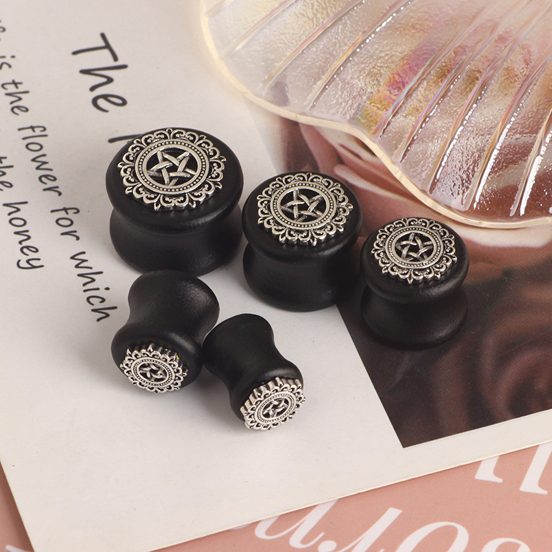 Black Solid Wood Star Ear Tunnels Stainless Steel Plated Flower Earrings for Men Ear Gauges detail image 8