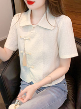 新中式国风盘扣短袖衬衫女夏季polo领雪纺衬衣设计感小众短款上衣