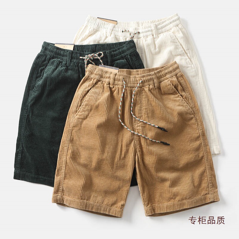Summer Men's Cargo Shorts Straight-Leg Loose Corduroy Five-Quarter Pants Elastic Waist Mid-Pants Ami Khaki Retro Trend