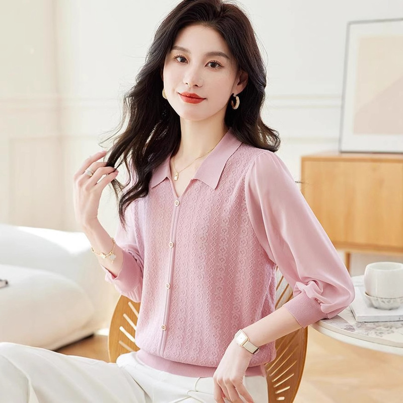 Si8262 Lapel Thin Ice Silk Knitted Base Shirt for Women 2026 New Spring/Summer Versatile Chiffon Three-Quarter Sleeve Top