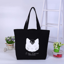 黑色丝印棉布袋可爱卡通猫咪帆布袋简约韩版环保购物手提袋批发