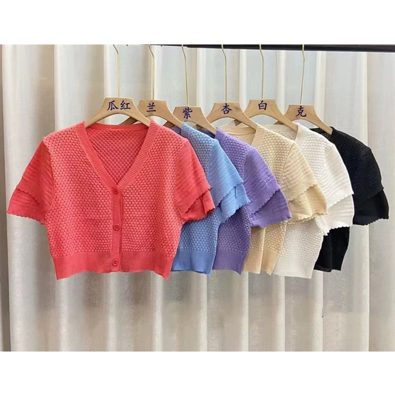 Тонкий кардиган, короткий вязаный свитер, puff sleeves, для подростков, с коротким рукавом, V-образный вырез, высокая талия