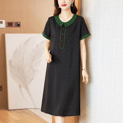 中老年连衣裙女夏季新款短袖宽松显瘦复古妈妈仿香云纱裙子