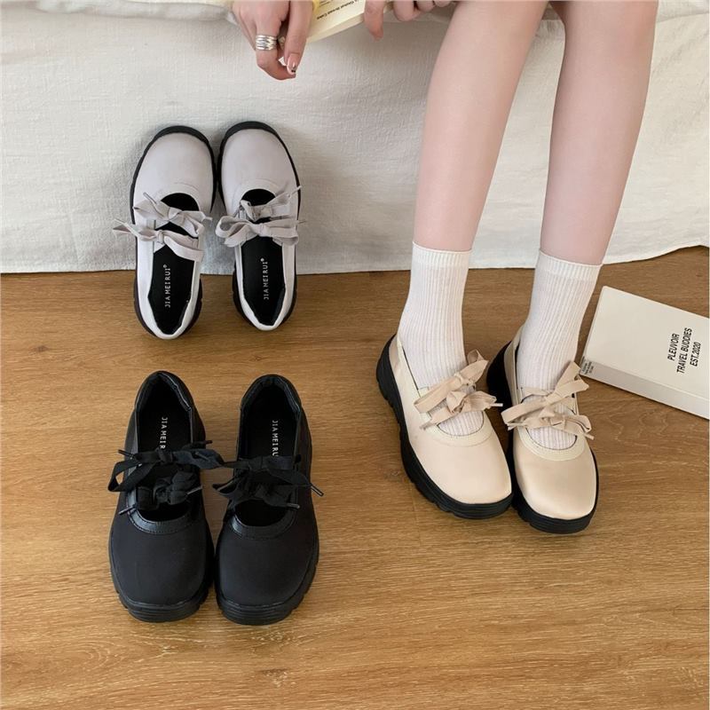复古甜美蝴蝶结圆头小皮鞋女2025秋季新款休闲配裙子厚底单鞋