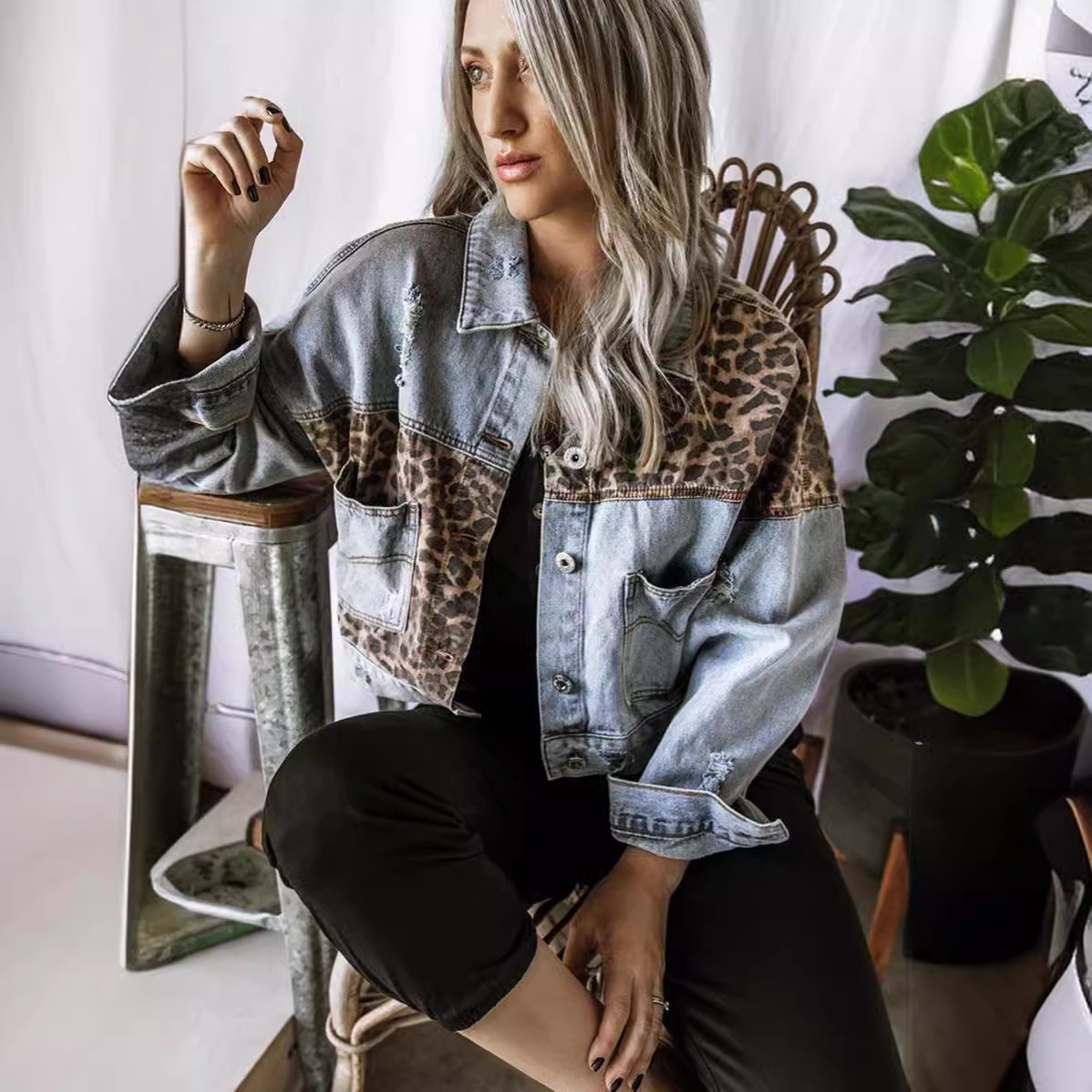 Loose Fit Type Color Block, Leopard Pattern Spring, Autumn Season Women's Gender Casual, Streetwear Style Women's Casual Streetwear Color Block Leopard Single Breasted Coat Puffer Jacket