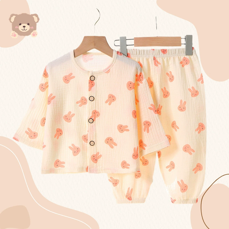 Summer cotton children's pijama, thin cartoon set, with short sleeve