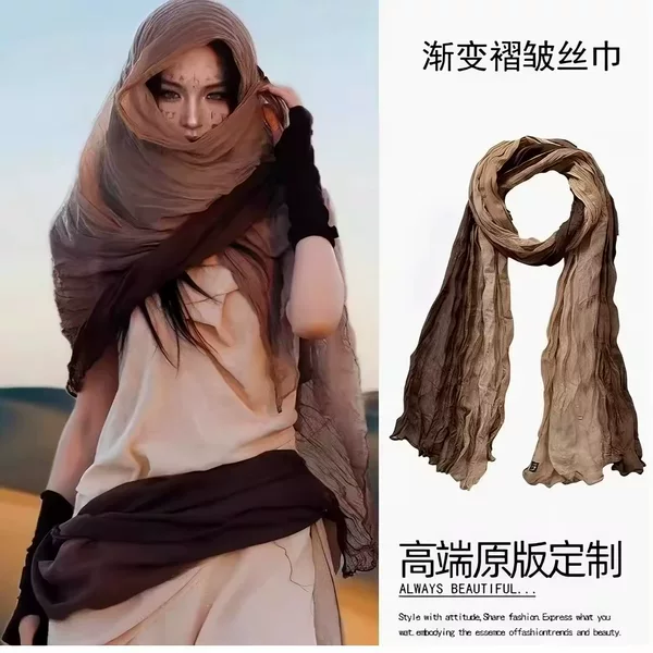 Cross-border ethnic style silk scarf for women, wasteland style linen pleated gradient headscarf, stylish hot girl neck scarf and shawl wholesale