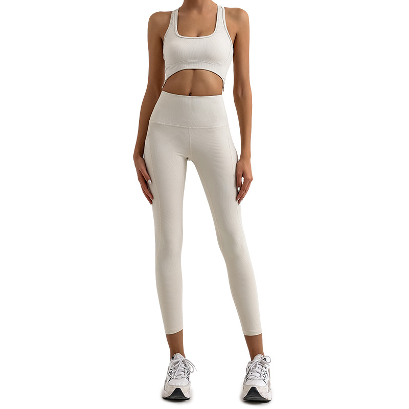Traje de fitness deportivo de comercio exterior, chaleco deportivo cruzado de espalda de belleza femenina, cintura alta, abdomen, pantalones de yoga, cabello de dos piezas