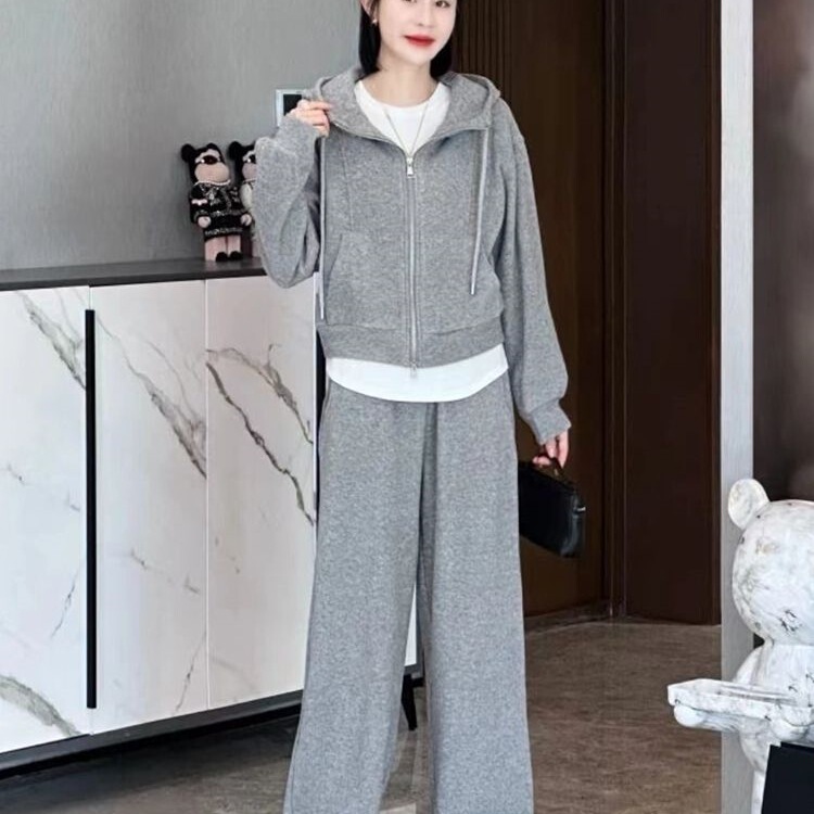 网红时尚运动服套装女秋冬加绒加厚连帽卫衣阔腿裤休闲两件套跑步|undefined