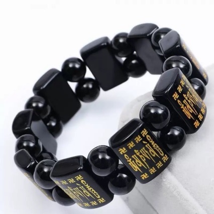 Imitation Obsidian Six-Character Mantra Bracelet Double-Row Hand Plate Gold-Plated Pattern Men's Square Plate Popular Jewelry Live Broadcast Wholesale