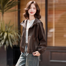 时髦帅气风皮衣外套女2025秋新款韩版休闲短款小个子连帽夹克上衣