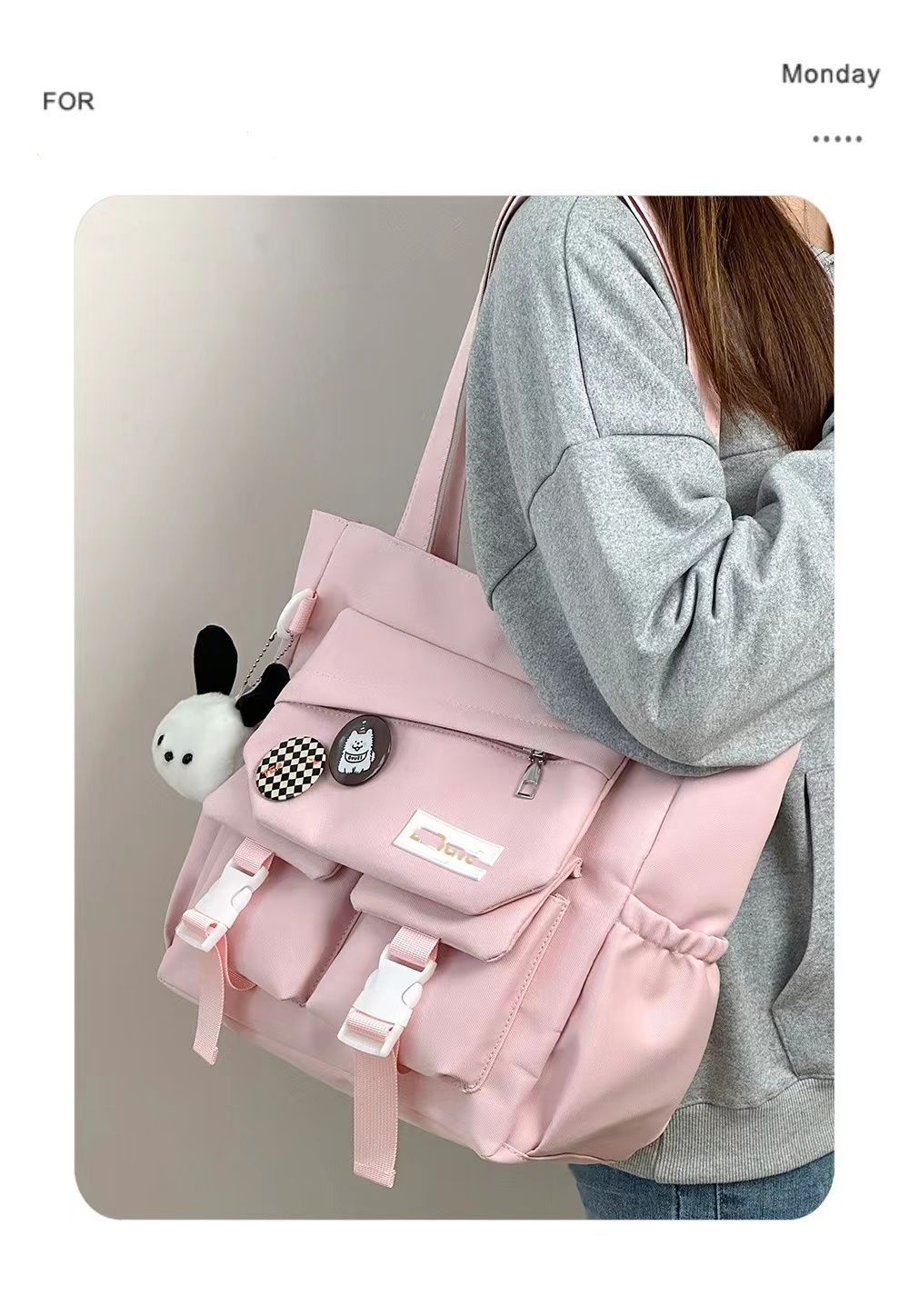 Japanese-style simple and versatile single-shoulder bag, soft girl handbag, student large-capacity tote bag for class commuting, girls details Picture