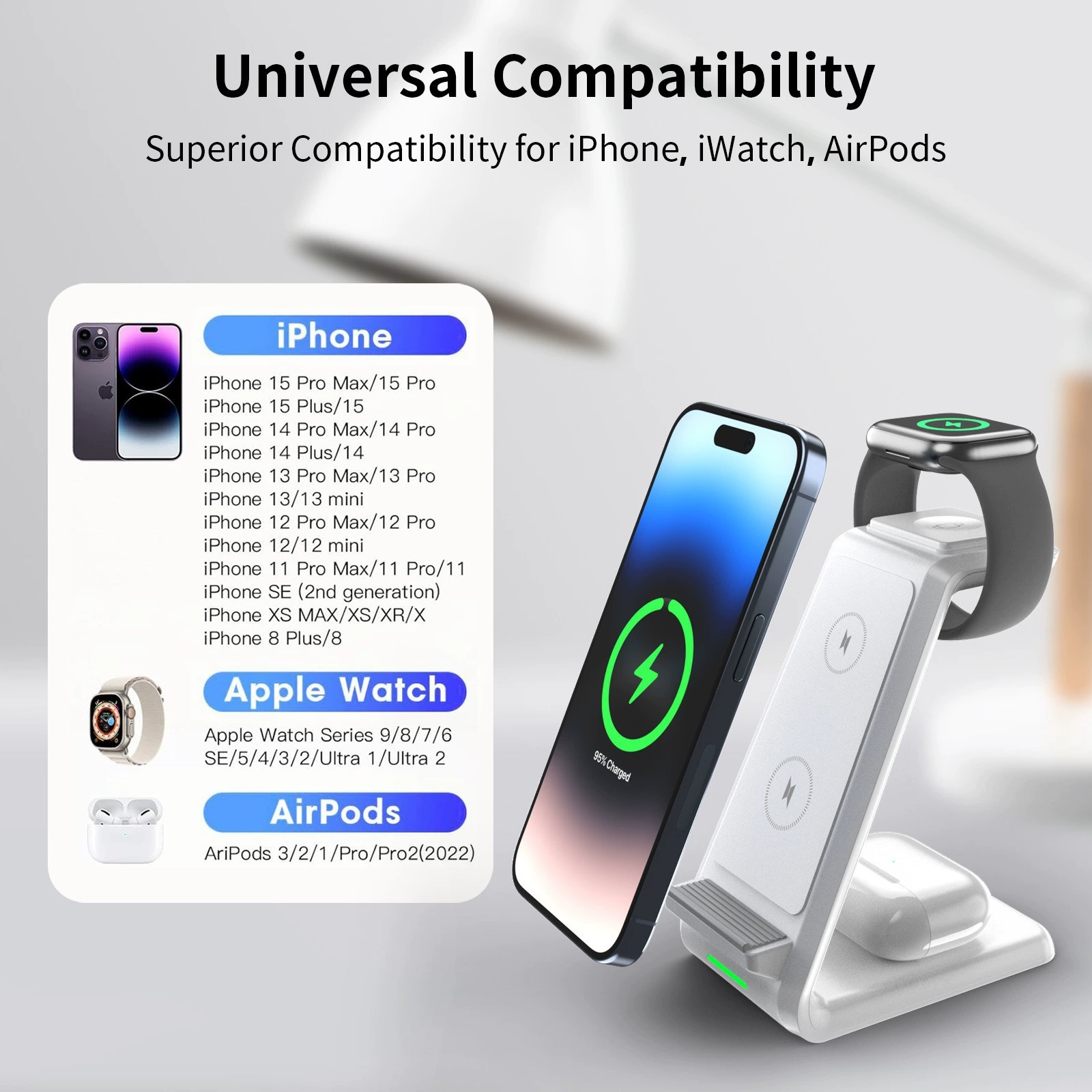 Apple, samsung, с синхронизацией с телефоном, беспроводная универсальная трубка, трехмерное совместимое зарядное устройство, наушники, часы, 15W, три в одном
