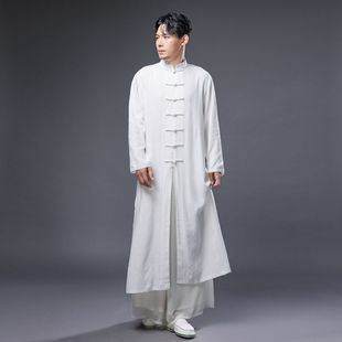 New National Style Robe with Vertical Collar Buckle Wash Cotton Linen Summer Thin Long Shirt Buckle Ethnic Style Men's Long Sleeve