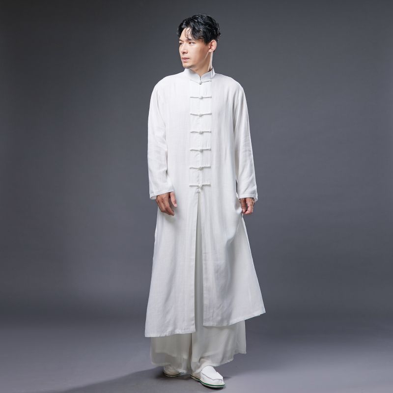 Chinese kung fu uniforms Hanfu tang suit for men stand collar plate button wash water cotton linen thin long shirt plate button ethnic style men's long sleeves suit