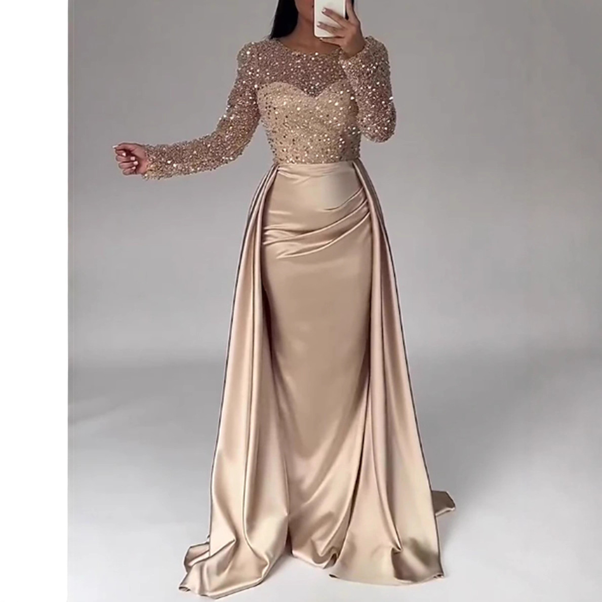 Women's Elegant Sequined Evening Gown Long Sleeved Banquet Dress American Style Fashion For Annual Meeting Host Queen Aura_ecoleips.com
