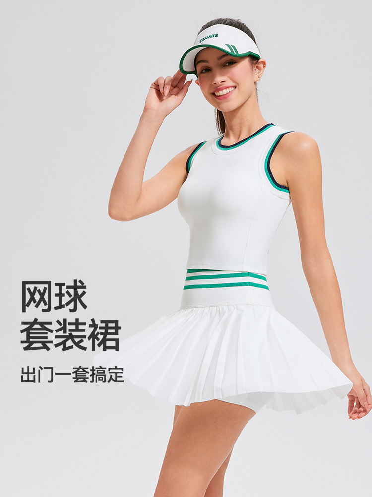 Nuevo traje deportivo transfronterizo de mujer cuello redondo fijo chaleco de taza cojín y cintura alta colocado con pantalones de tenis