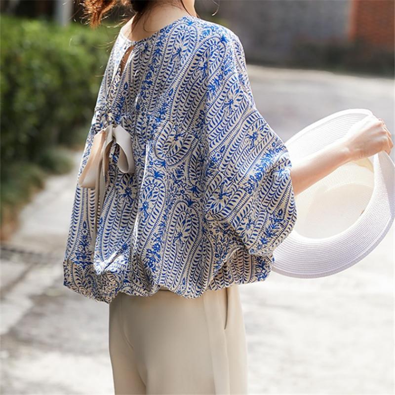 Summer New Belly Covering Top Women's Refreshing Loose Bat Sleeve Back Lace-up Bow Floral Shirt Top