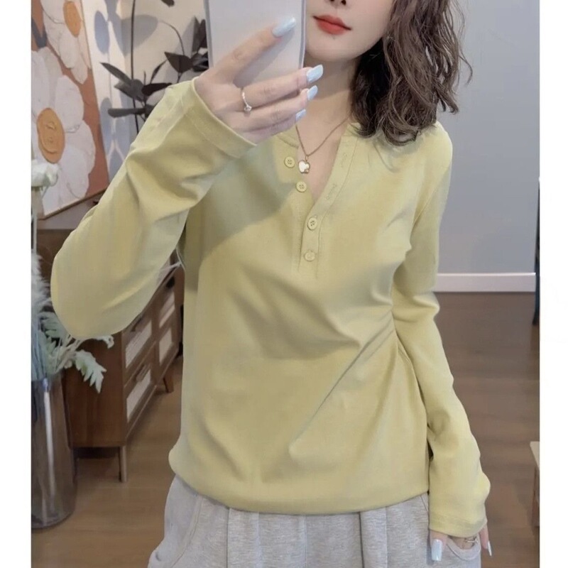 Autumn new long-sleeve V-neck T-shirt for women, henley collar, ribbed cotton, simple style, solid color, versatile, buttoned casual base shirt Autumn new long-sleeve V-neck T-shirt for women, henley collar, ribbed cotton, simple style, solid color, versatile, buttoned casual base shirt