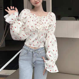 大码女装2025胖妹妹秋新款甜美复古长袖设计感系带短款小碎花上衣