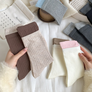 Autumn and Winter New Style Socks Women's Double Rakou Wide Color Matching Boneless Middle Socks Women's Socks Simple All-match Stacking Socks Cotton Socks Women