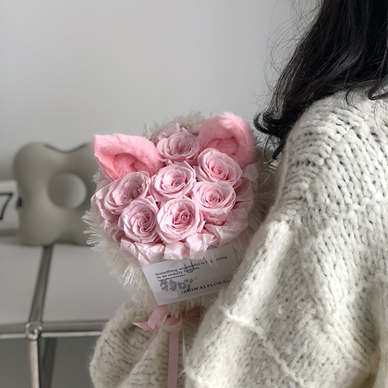 Ramo de Flores Preservadas con Orejas de Gato, Producto Terminado, Regalo de Alta Gama para el Día de San Valentín para Novia, Regalo Creativo y Lindo al por Mayor
