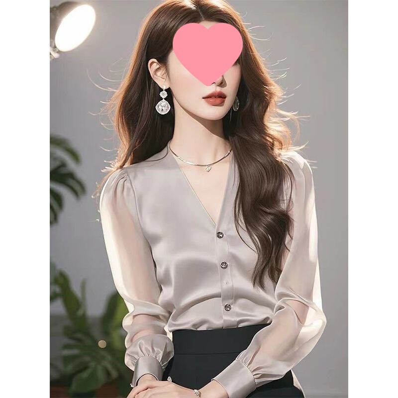 Gray Satin Long-Sleeved Shirt Autumn Women's 2025 New Collar Elegant Fashionable Fashionable Early Autumn Top Gray Satin Long-Sleeved Shirt Autumn Women's 2025 New Collar Elegant Fashionable Fashionable Early Autumn Top