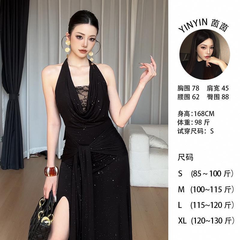 Summer Style Halter Neck Lace-Up Backless Lace Sequin Bodycon Dress Women's Wholesale In-Stock 25115-Hk