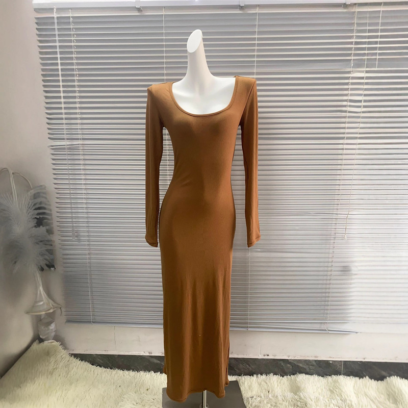 Skims Kardashian-Inspired Slim-Fit Bodycon Black Square-Neck Long-Sleeve Slimming Dress for Women