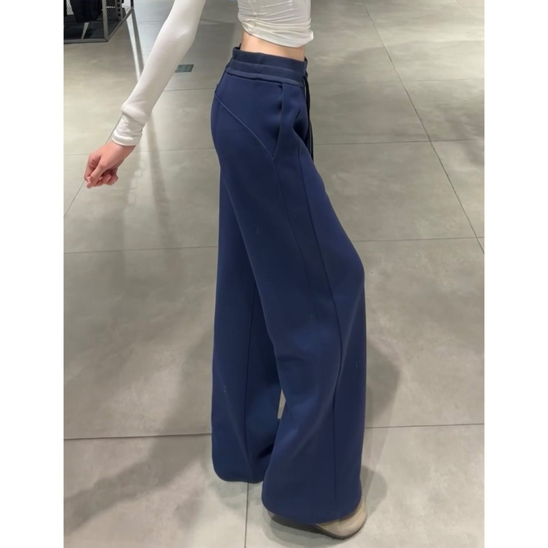 Navy Blue Lulu Style Slim-Fit Sports Sweatpants for Women, Autumn and Winter 2025 New High-Waisted Slimming Fleece-Lined Wide-Leg Pants