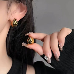 欧美金属感豹纹几何圆球耳扣复古百搭气质耳钉时尚小众设计感耳饰