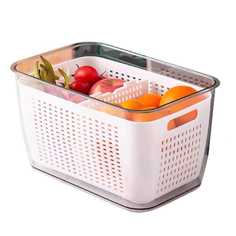 Refrigerador fresco caja de almacenamiento de frutas y verduras congeladas cesta de drenaje de calidad alimentaria hogar sellado separado caja de organización