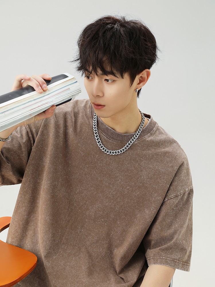 Camiseta de manga corta para hombre, estilo retro con lavado efecto nieve, 240g, nuevo estilo de verano, camiseta básica de algodón puro texturizado estilo japonés con cuello redondo q